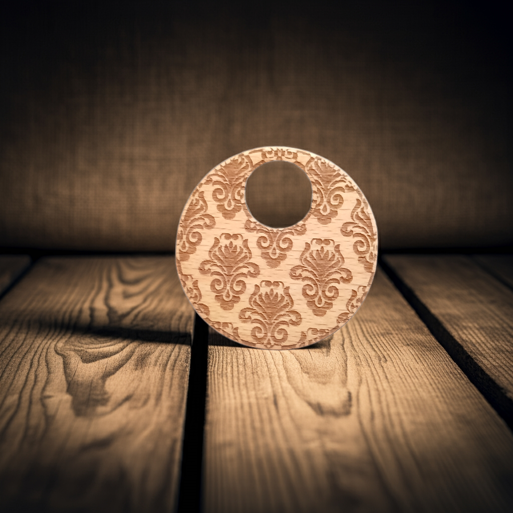 Detailed Wood Flower Pattern Engraved Pendant with waxed necklace. Pendant measures 50mm diameter