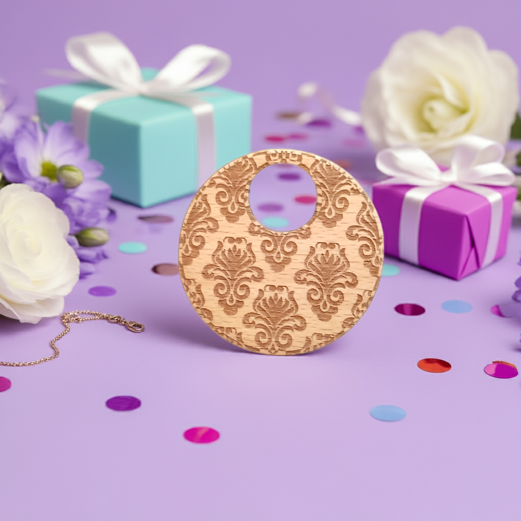 Detailed Wood Flower Pattern Engraved Pendant with waxed necklace. Pendant measures 50mm diameter