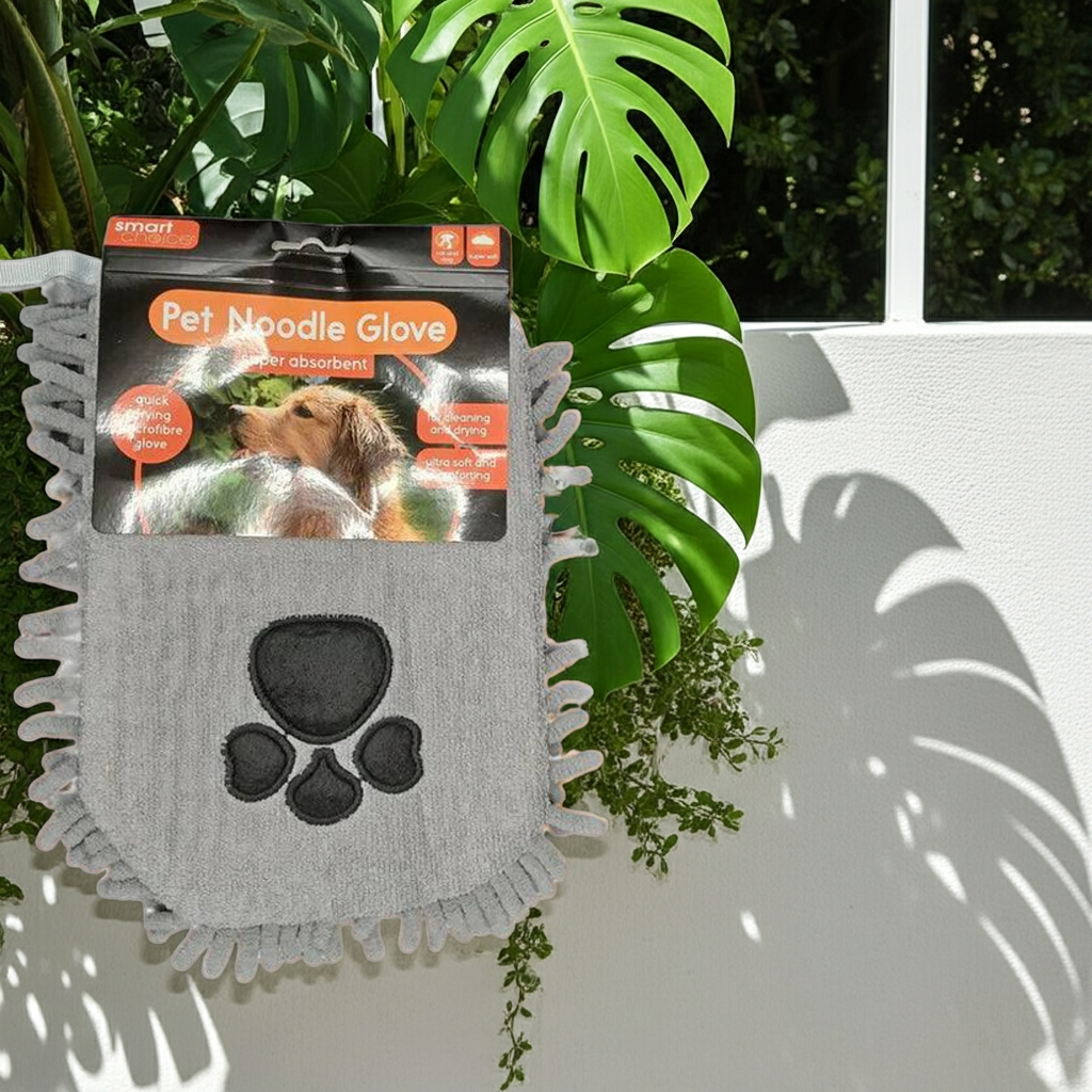 Dog Grooming Set: Drying Mitt, Double Sided Brush and Cherry Medicated Shampoo.