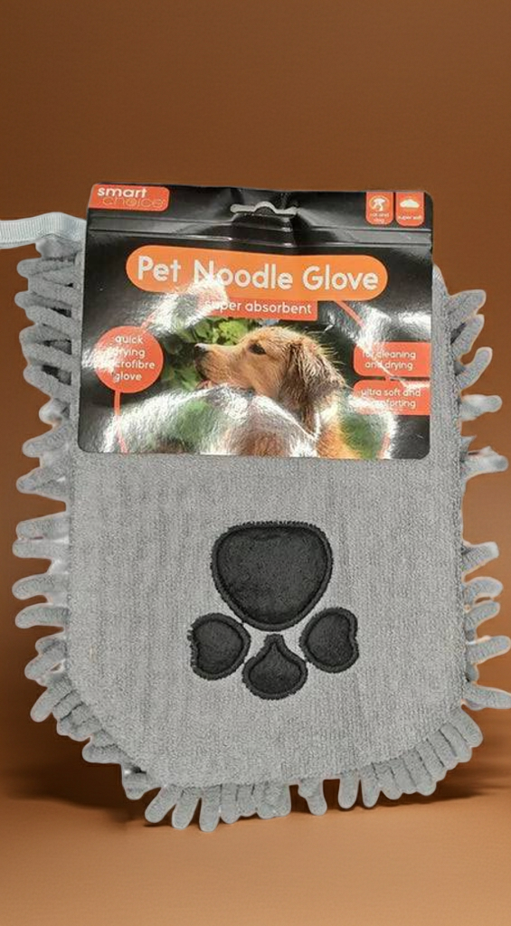 Dog Grooming Set: Drying Mitt, Double Sided Brush and Cherry Medicated Shampoo.