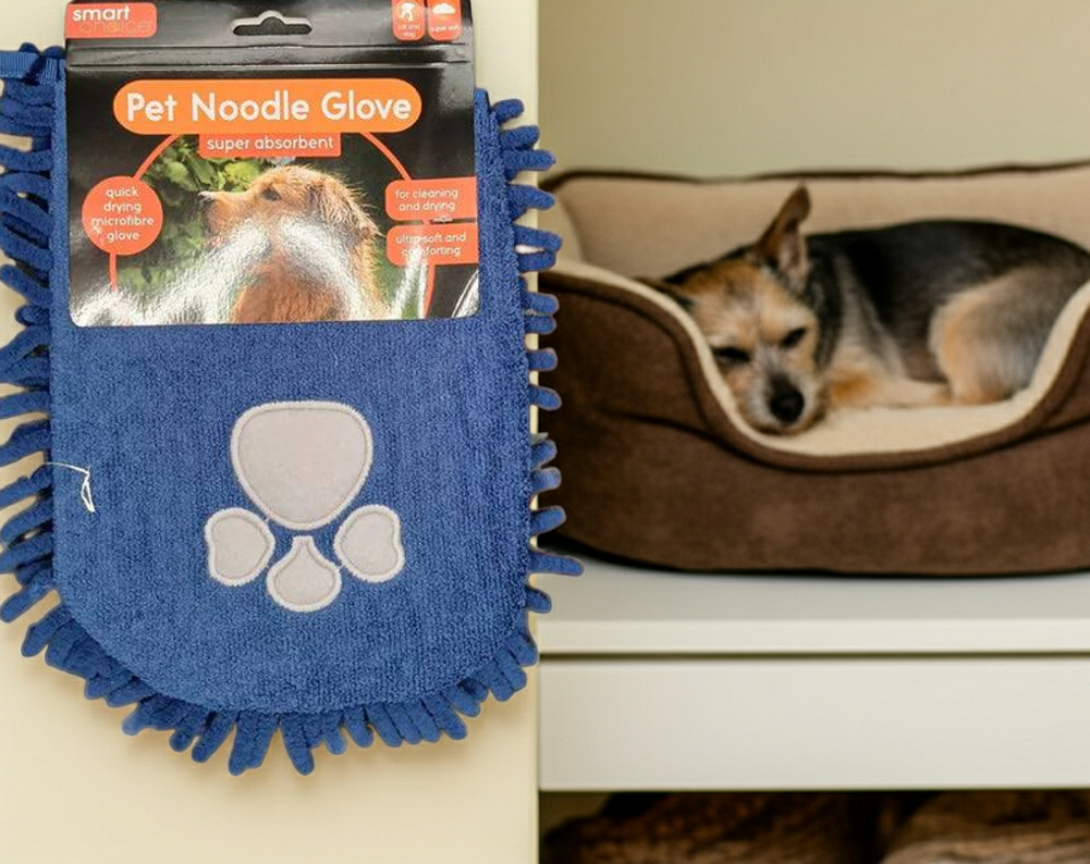 Dog Grooming Set: Drying Mitt, Double Sided Brush and Cherry Medicated Shampoo.