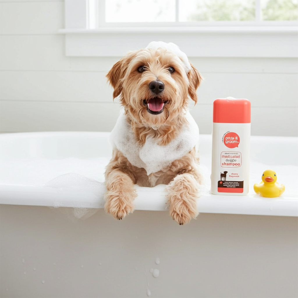 Dog Grooming Set: Drying Mitt, Double Sided Brush and Cherry Medicated Shampoo.