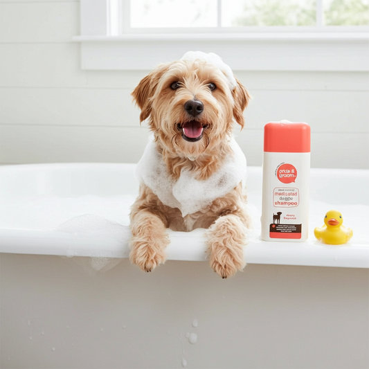 Dog Grooming Set: Drying Mitt, Double Sided Brush and Cherry Medicated Shampoo.