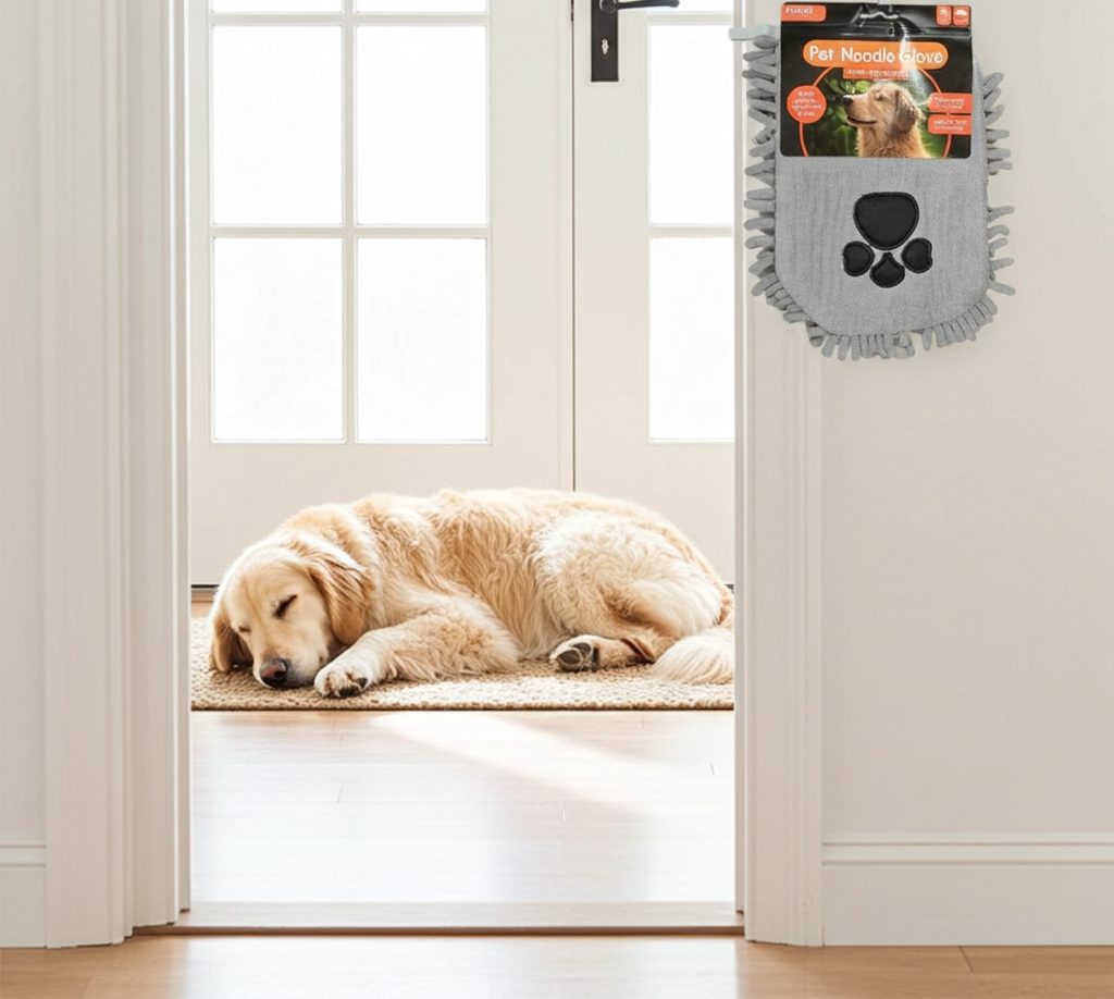 Dog Grooming Set: Drying Mitt, Double Sided Brush and Cherry Medicated Shampoo.