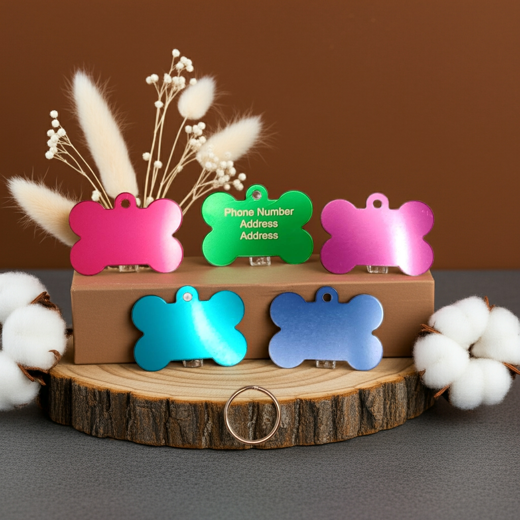 Dog ID Tags. Bone Shaped, with Steel Ring Loop. Variety of Colours. Suits Medium to Larger dogs.