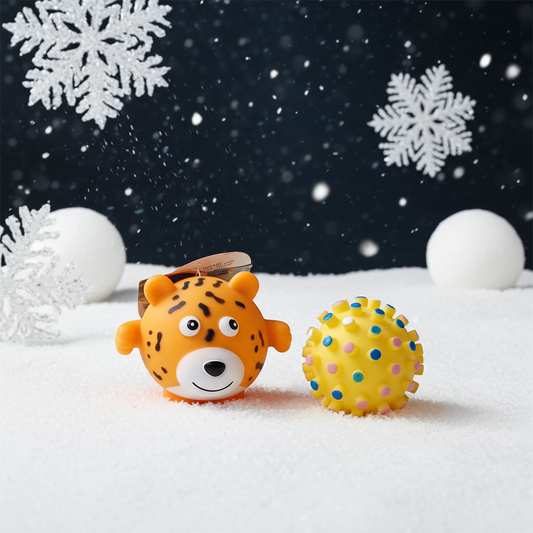 Dog Toy Set. Medium to Large Dogs. Squeaky Cheetah toy and Yellow Ball with Hedgehog Ridges.