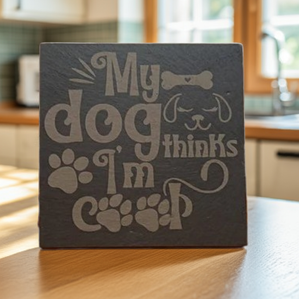 Round or Square, Slate Dog & Dog Christmas Coasters with Bumper Feet.