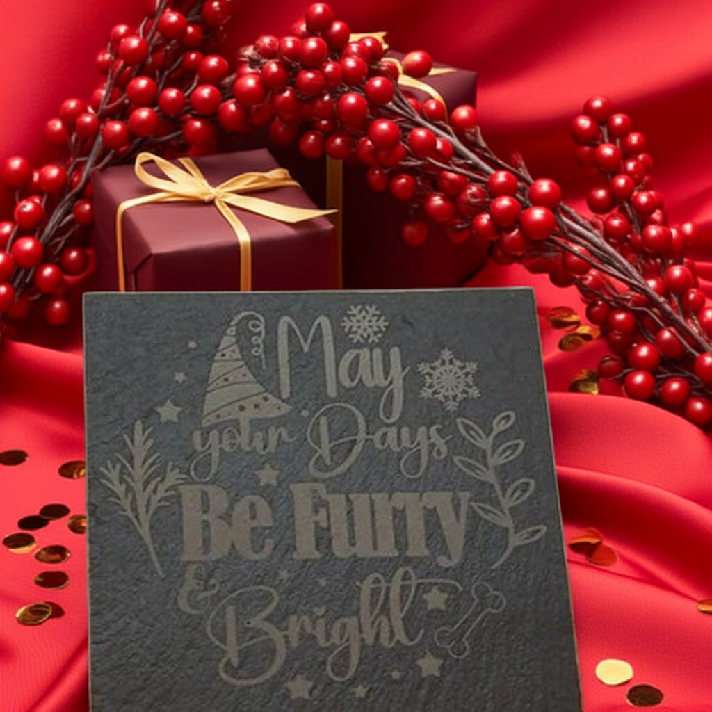 Round or Square, Slate Dog & Dog Christmas Coasters with Bumper Feet.