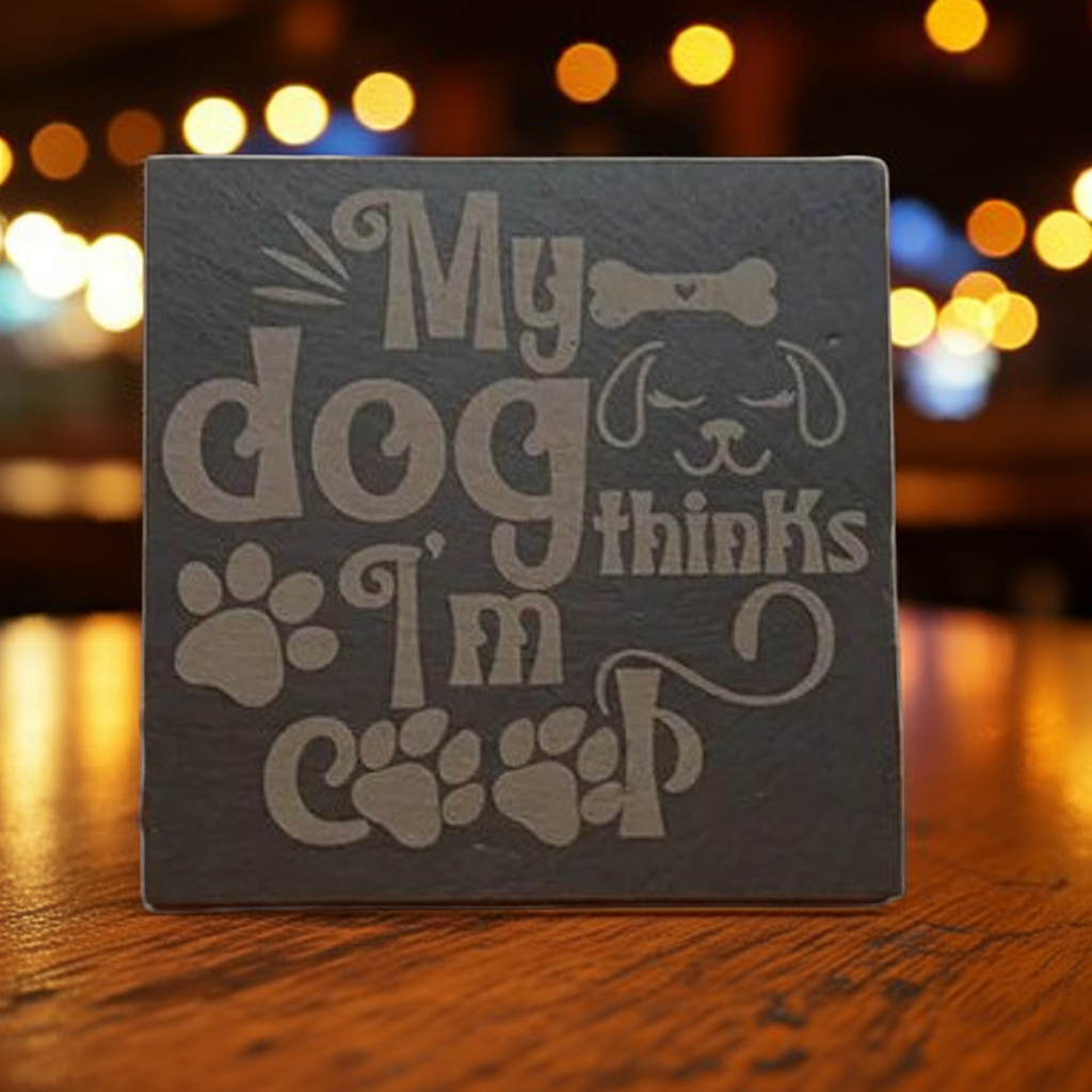 Round or Square, Slate Dog & Dog Christmas Coasters with Bumper Feet.