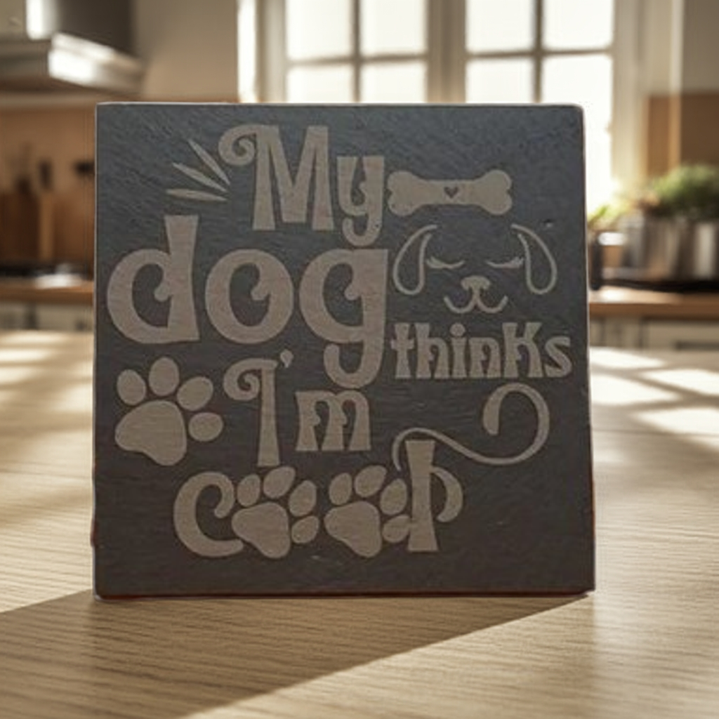 Round or Square, Slate Dog & Dog Christmas Coasters with Bumper Feet.