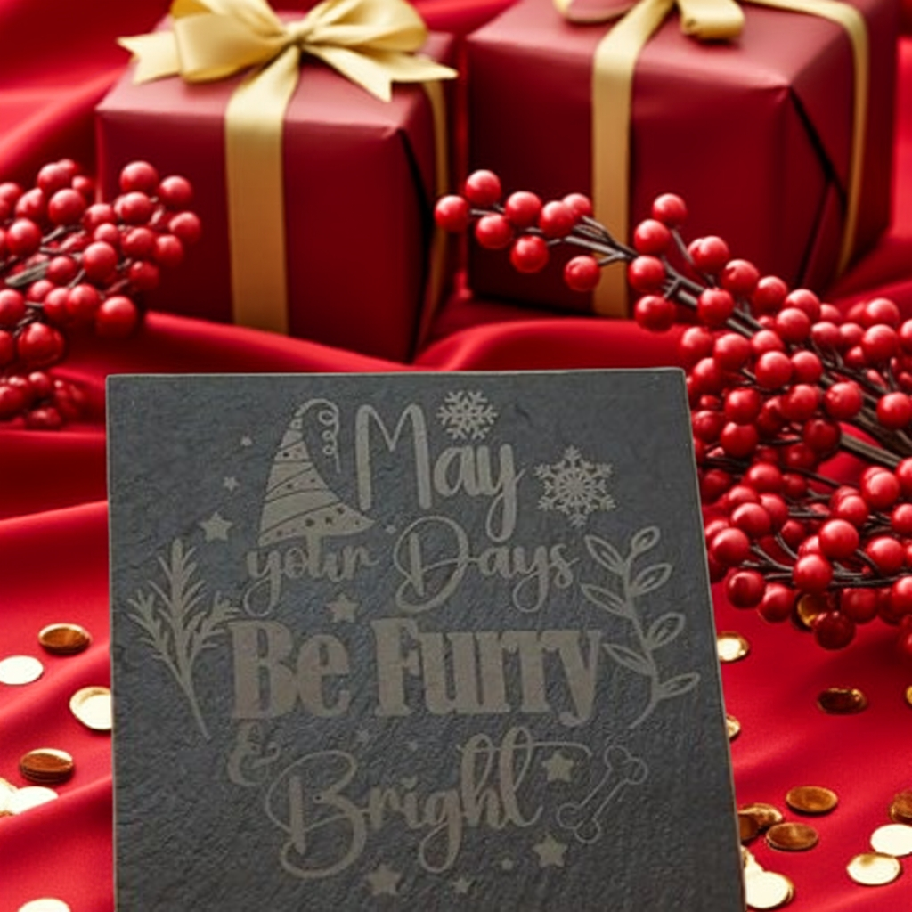 Round or Square, Slate Dog & Dog Christmas Coasters with Bumper Feet.