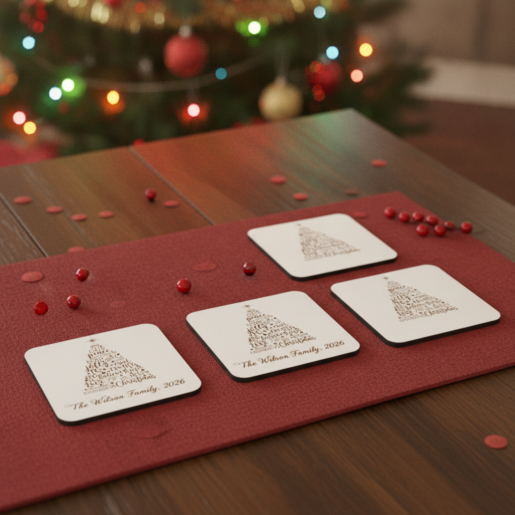 Set of 4 Christmas Tree Engraved White Wood Coasters for Personalisation, with bumper feet.