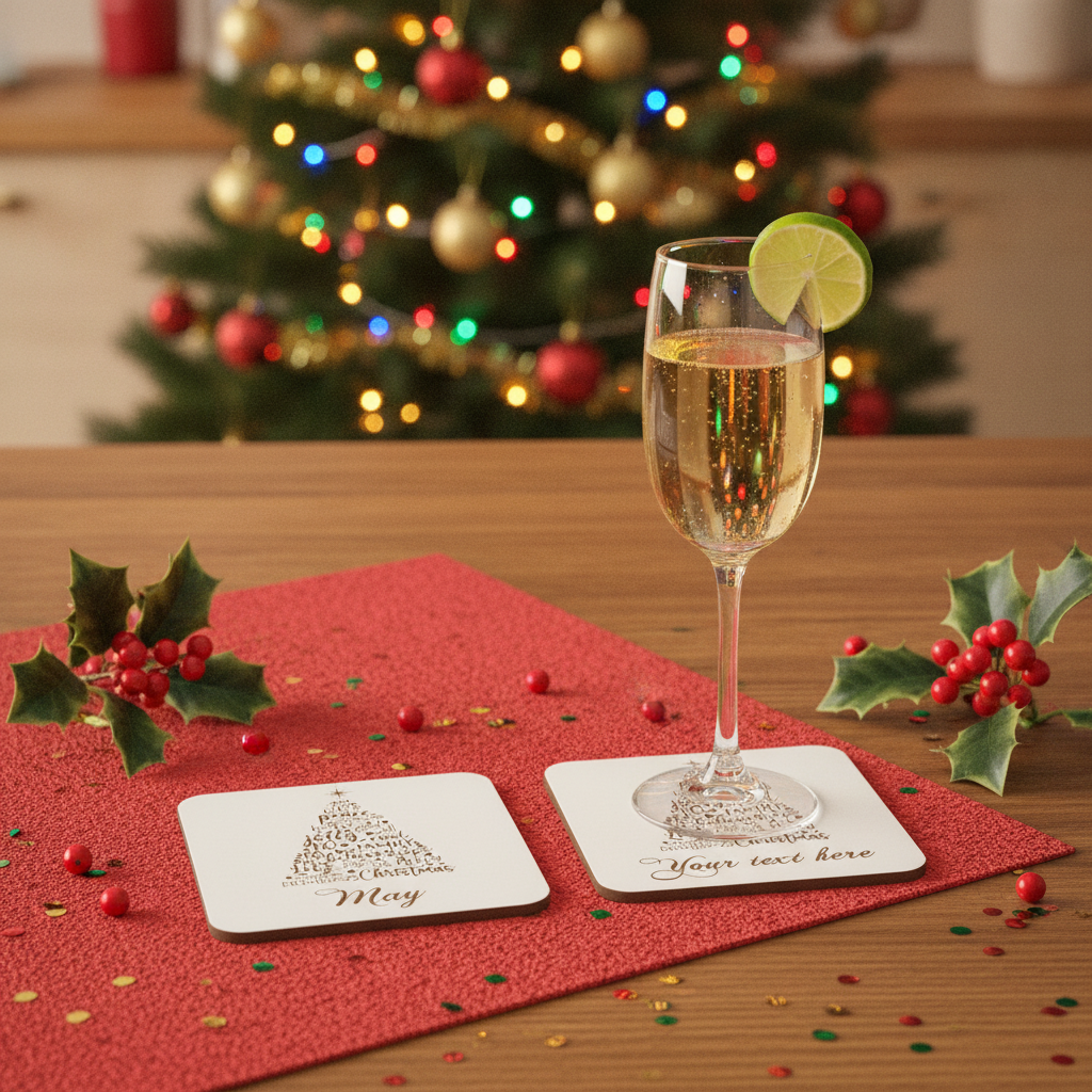 Set of 4 Christmas Tree Engraved White Wood Coasters for Personalisation, with bumper feet.