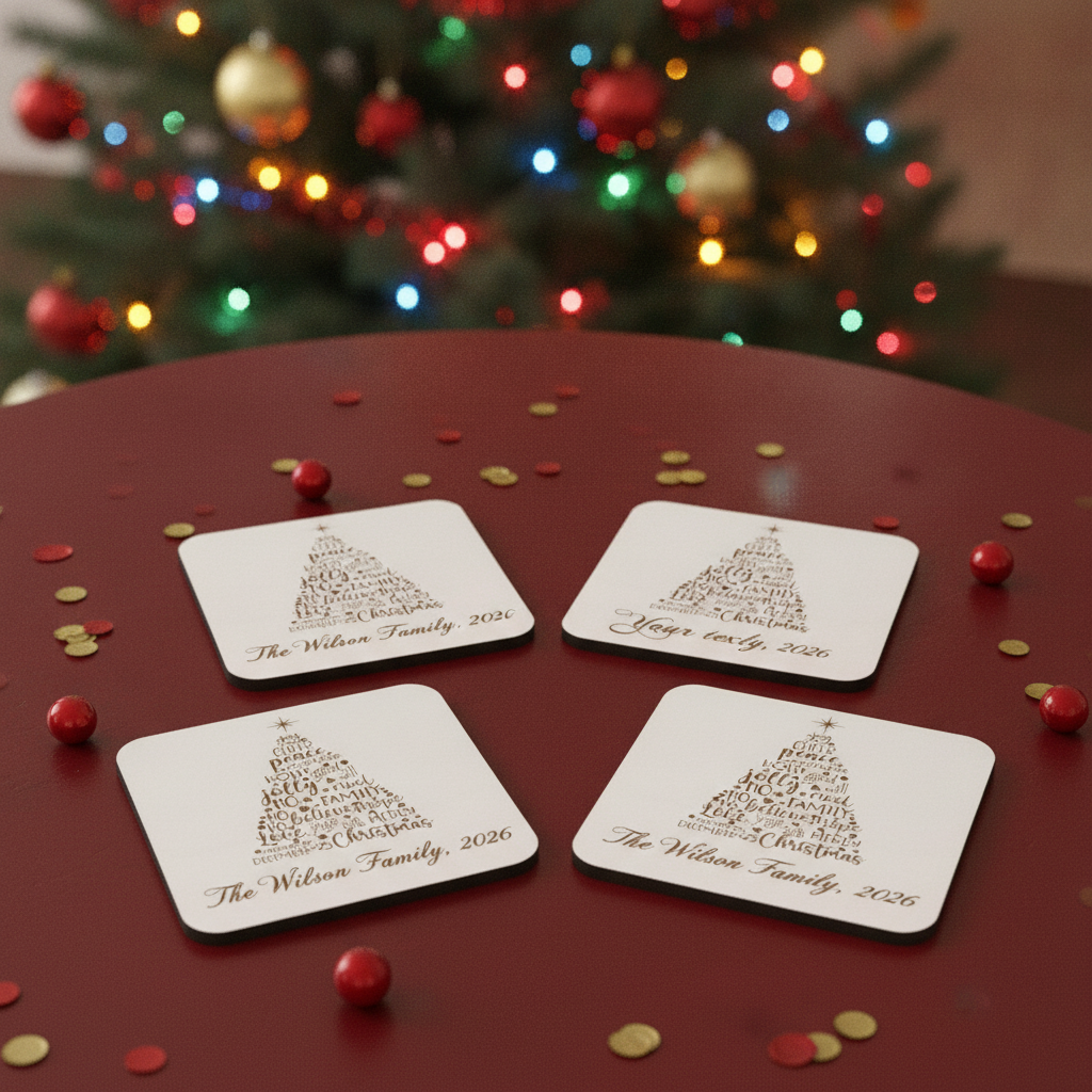 Set of 4 Christmas Tree Engraved White Wood Coasters for Personalisation, with bumper feet.