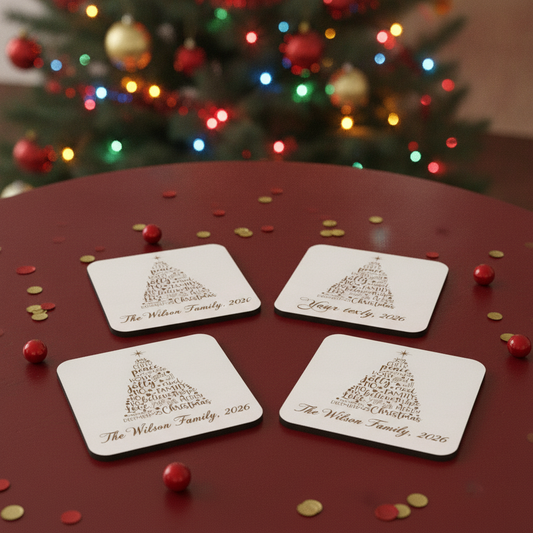 Set of 4 Christmas Tree Engraved White Wood Coasters for Personalisation, with bumper feet.