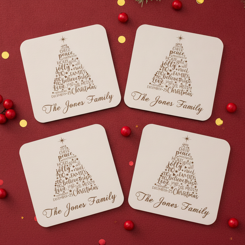 Set of 4 Christmas Tree Engraved White Wood Coasters for Personalisation, with bumper feet.