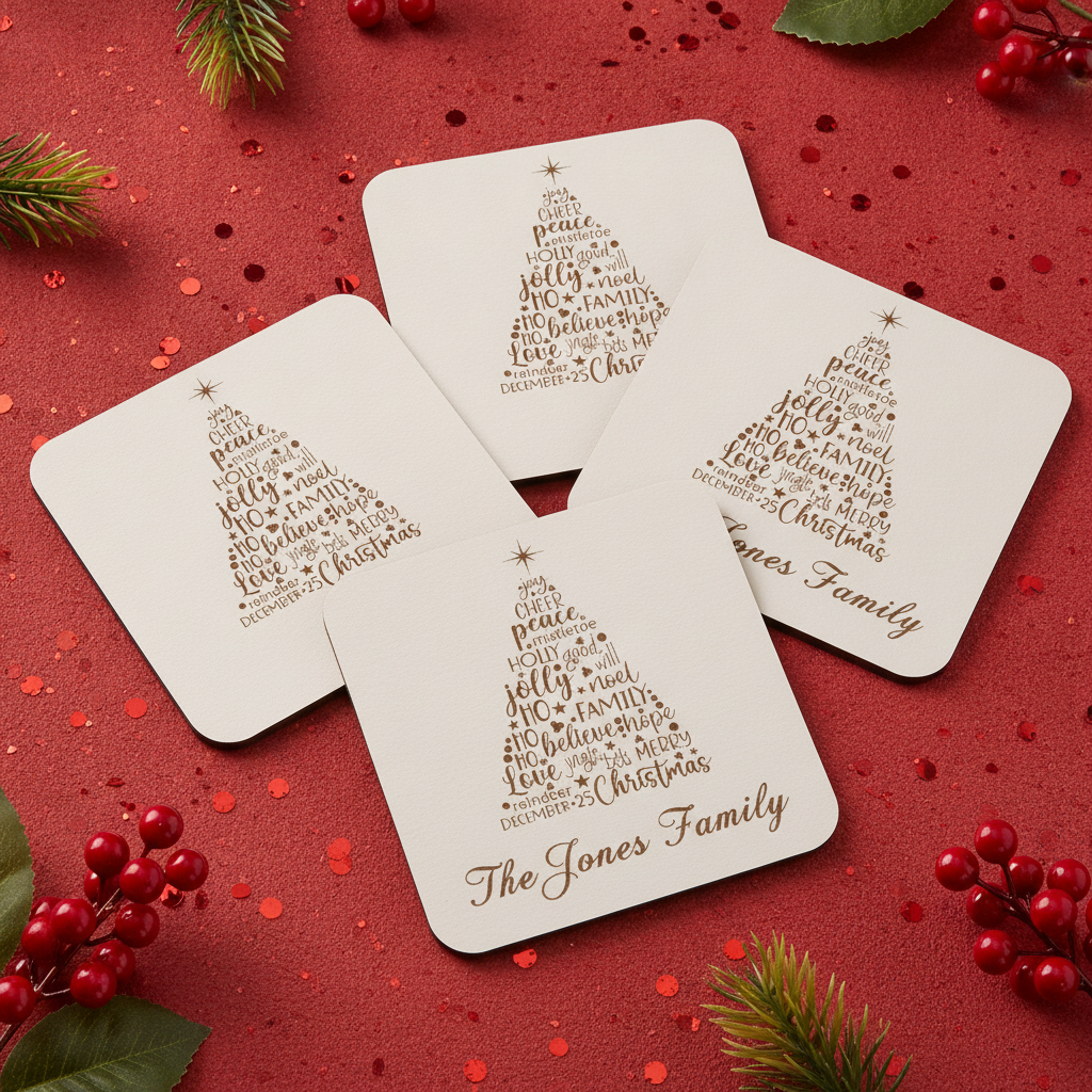 Set of 4 Christmas Tree Engraved White Wood Coasters for Personalisation, with bumper feet.