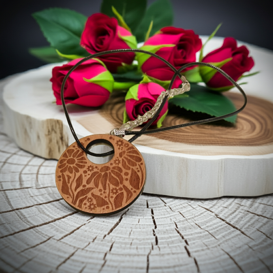 Engraved Flowers Pendant on Treated Steamed Beech Wood, 50mm diameter, with a Waxed Necklace.