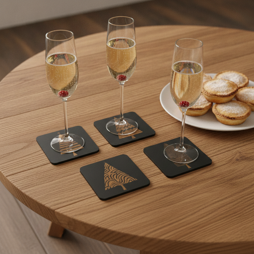 Engraved Wooden Christmas Tree Coasters Set of 6 Black Drink Coaster Gift, with Bumper Feet.