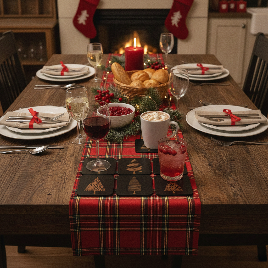 Engraved Wooden Christmas Tree Coasters Set of 6 Black Drink Coaster Gift, with Bumper Feet.