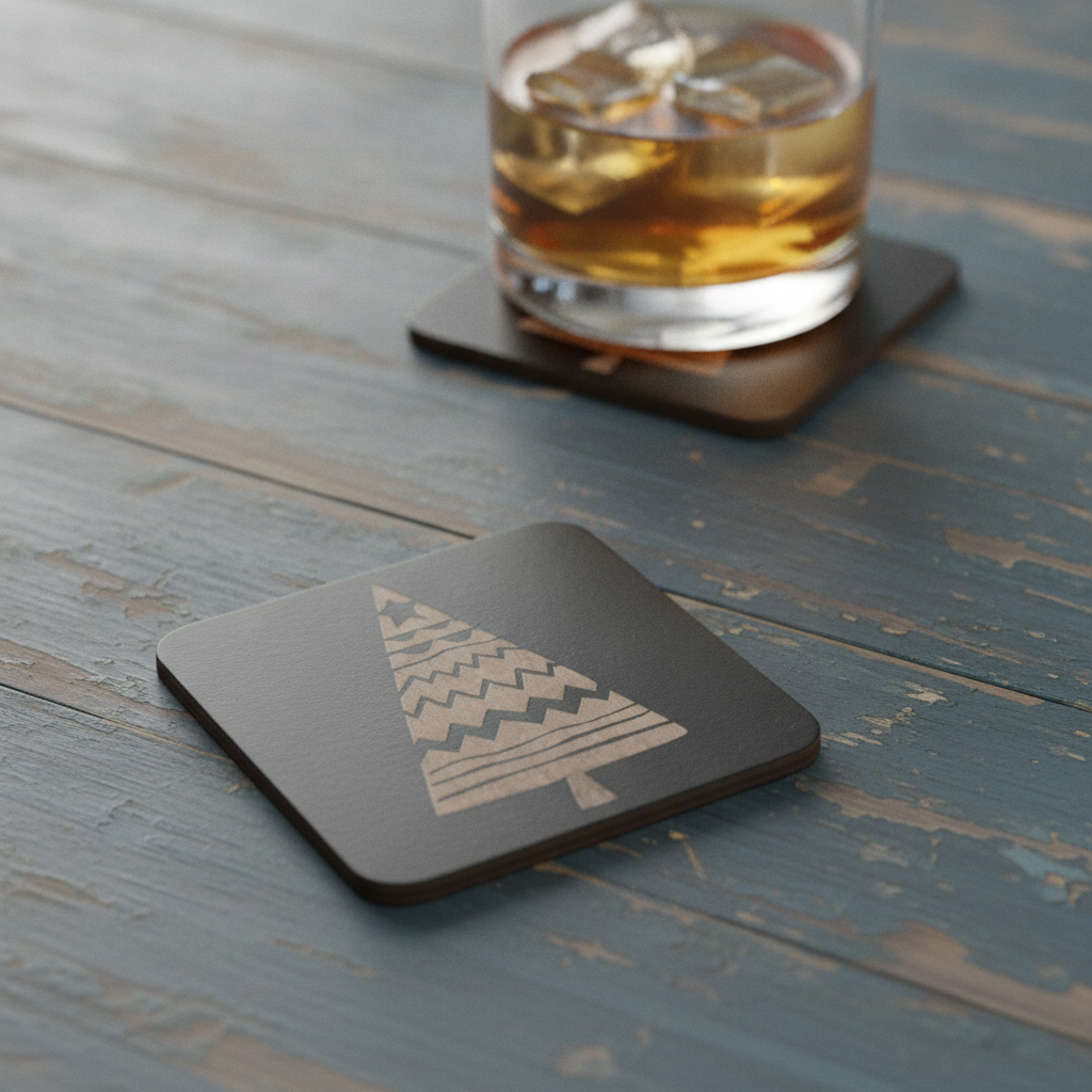 Engraved Wooden Christmas Tree Coasters Set of 6 Black Drink Coaster Gift, with Bumper Feet.