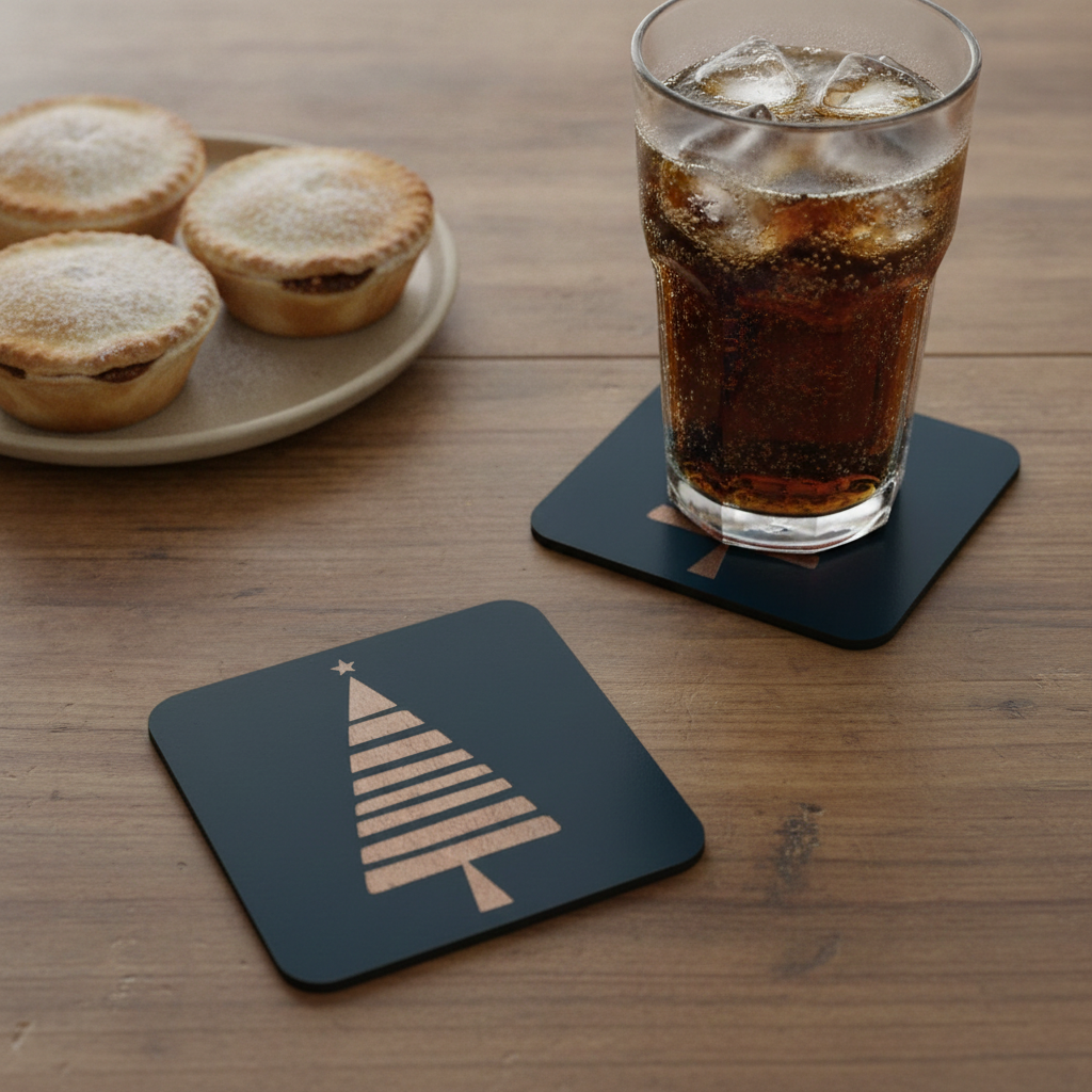 Engraved Wooden Christmas Tree Coasters Set of 6 Black Drink Coaster Gift, with Bumper Feet.