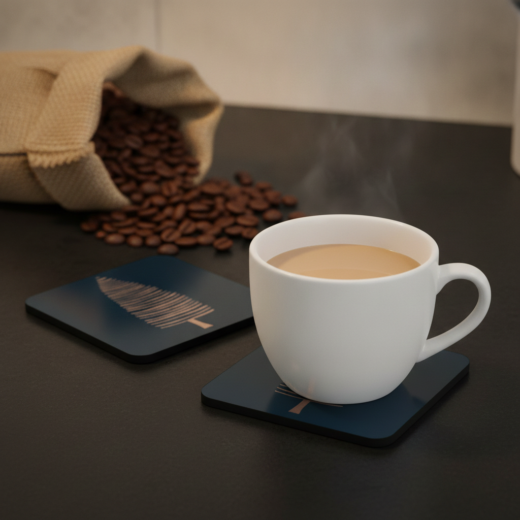 Engraved Wooden Christmas Tree Coasters Set of 6 Black Drink Coaster Gift, with Bumper Feet.
