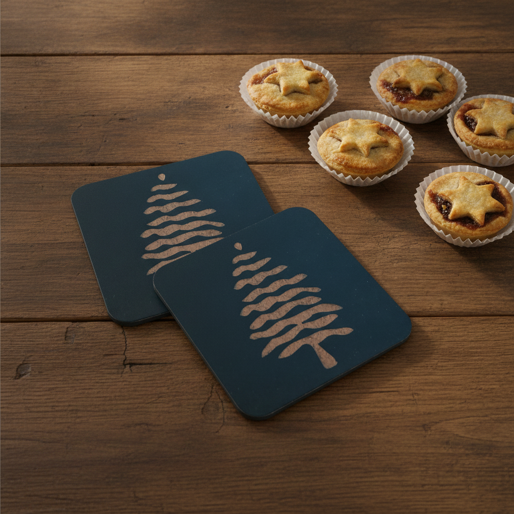 Engraved Wooden Christmas Tree Coasters Set of 6 Black Drink Coaster Gift, with Bumper Feet.