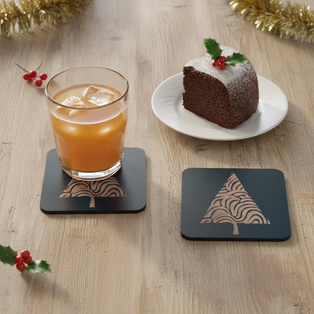 Engraved Wooden Christmas Tree Coasters Set of 6 Black Drink Coaster Gift, with Bumper Feet.