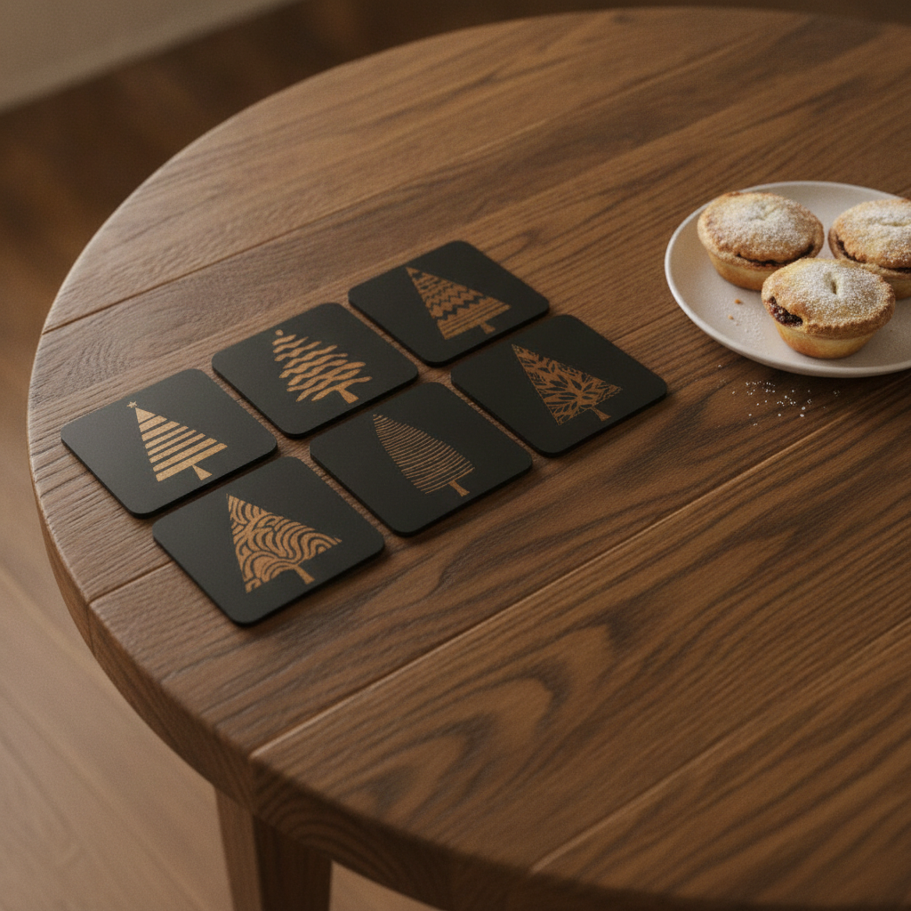 Engraved Wooden Christmas Tree Coasters Set of 6 Black Drink Coaster Gift, with Bumper Feet.