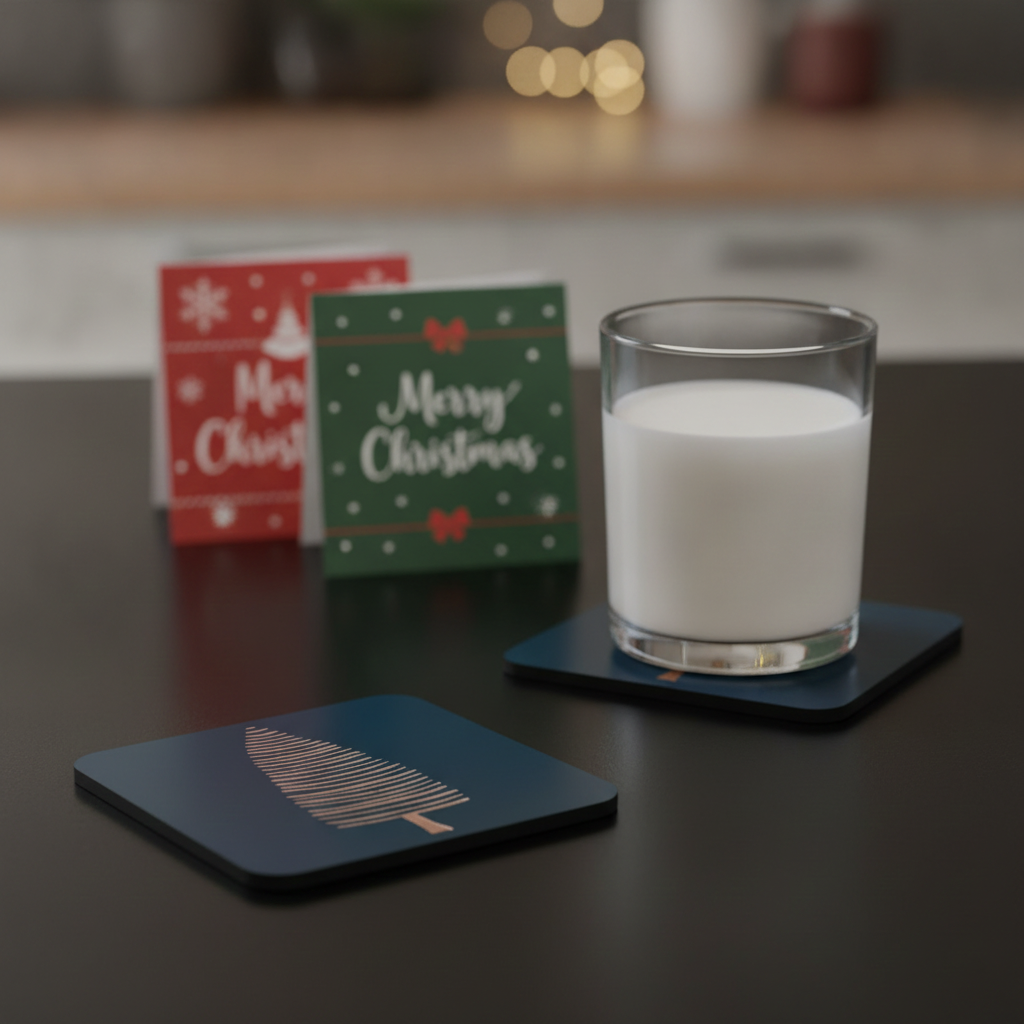 Engraved Wooden Christmas Tree Coasters Set of 6 Black Drink Coaster Gift, with Bumper Feet.