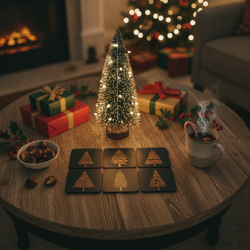 Engraved Wooden Christmas Tree Coasters Set of 6 Black Drink Coaster Gift, with Bumper Feet.