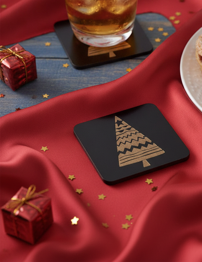 Engraved Wooden Christmas Tree Coasters Set of 6 Black Drink Coaster Gift, with Bumper Feet.