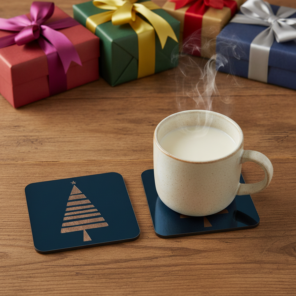 Engraved Wooden Christmas Tree Coasters Set of 6 Black Drink Coaster Gift, with Bumper Feet.
