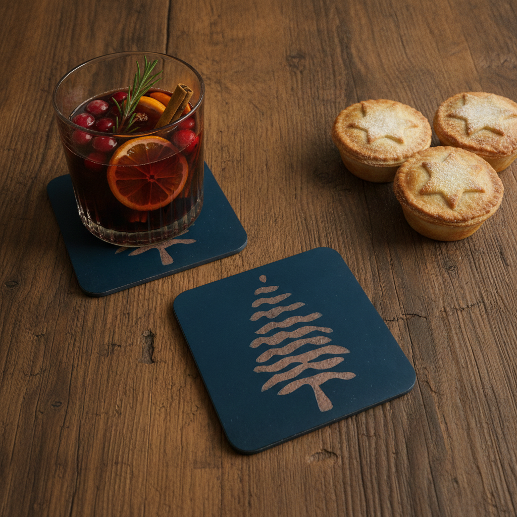 Engraved Wooden Christmas Tree Coasters Set of 6 Black Drink Coaster Gift, with Bumper Feet.