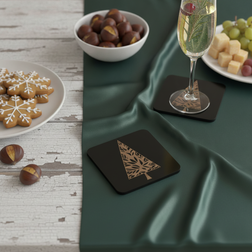 Engraved Wooden Christmas Tree Coasters Set of 6 Black Drink Coaster Gift, with Bumper Feet.