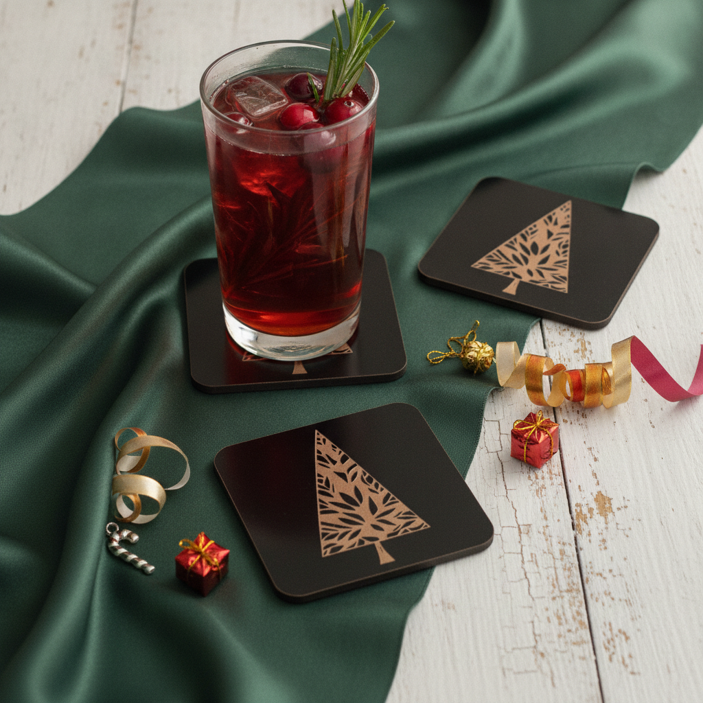 Engraved Wooden Christmas Tree Coasters Set of 6 Black Drink Coaster Gift, with Bumper Feet.