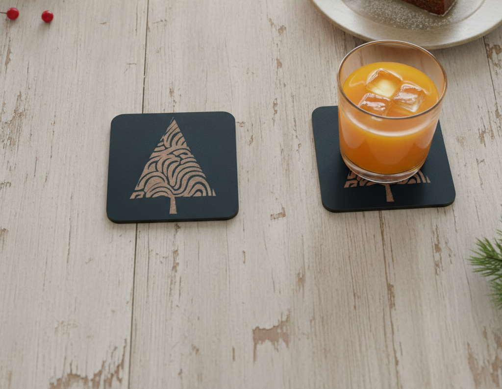 Engraved Wooden Christmas Tree Coasters Set of 6 Black Drink Coaster Gift, with Bumper Feet.