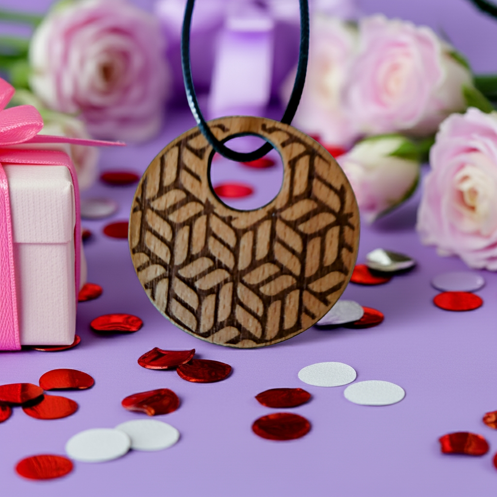 Exquisite Beech Wood Engraved Pendant with waxed necklace. Size 50 mm.