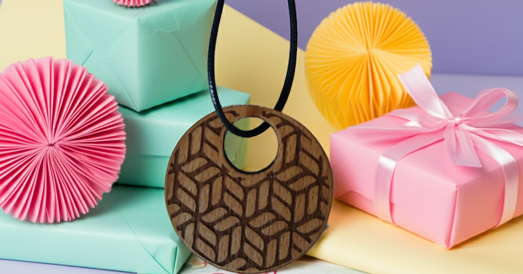 Exquisite Beech Wood Engraved Pendant with waxed necklace. Size 50 mm.