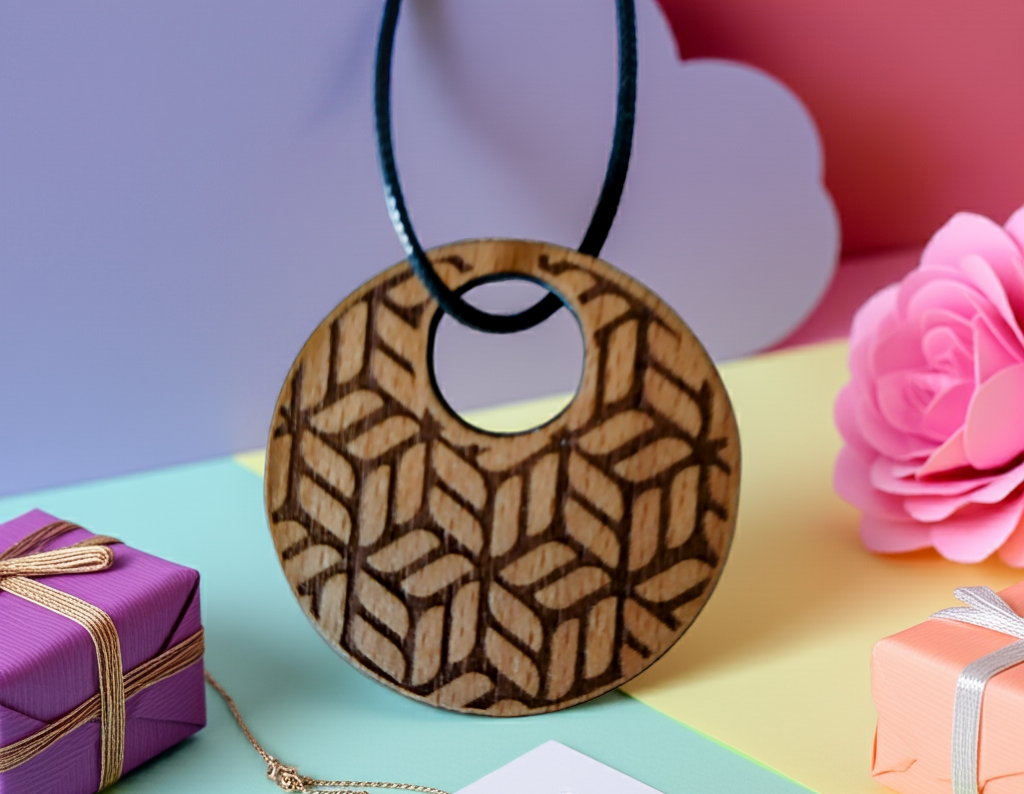 Exquisite Beech Wood Engraved Pendant with waxed necklace. Size 50 mm.