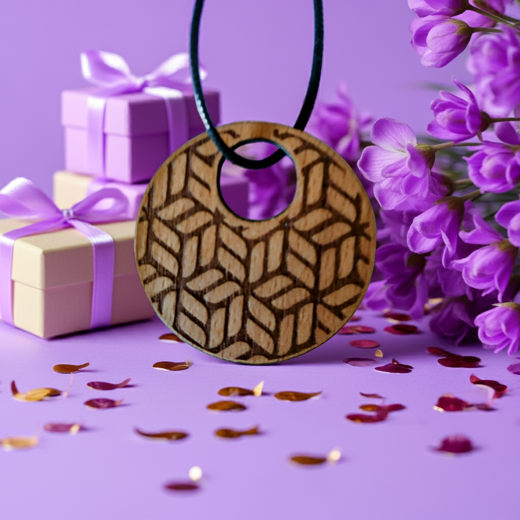 Exquisite Beech Wood Engraved Pendant with waxed necklace. Size 50 mm.