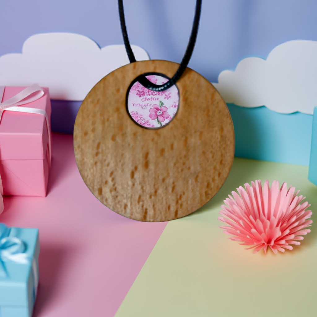 Exquisite Beech Wood Engraved Pendant with waxed necklace. Size 50 mm.