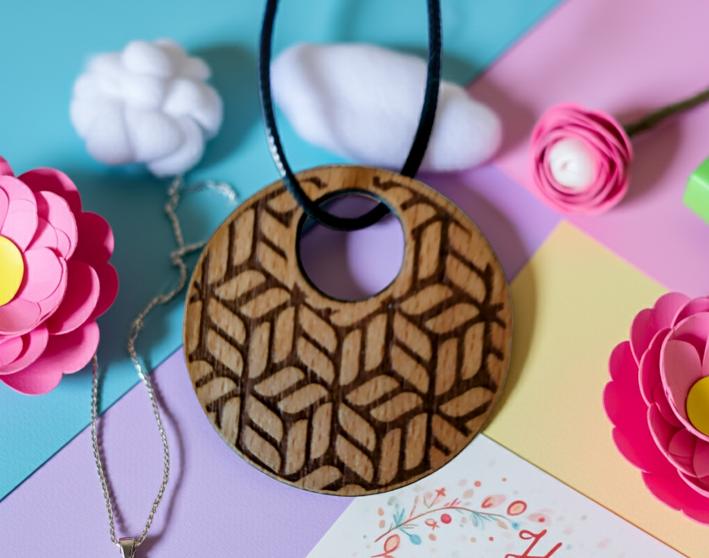 Exquisite Beech Wood Engraved Pendant with waxed necklace. Size 50 mm.