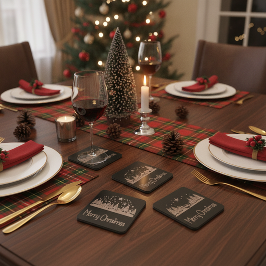Exquisite Engraved Christmas Scene Coasters | Set of 4 Square Drink Coasters with Bumper Feet.