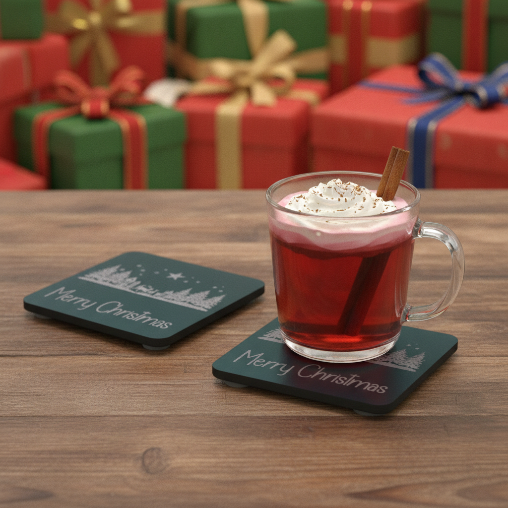 Exquisite Engraved Christmas Scene Coasters | Set of 4 Square Drink Coasters with Bumper Feet.