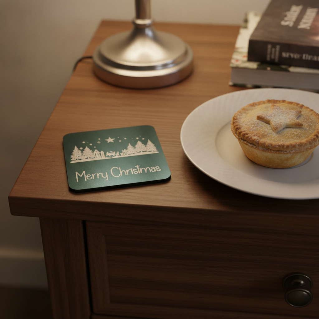 Exquisite Engraved Christmas Scene Coasters | Set of 4 Square Drink Coasters with Bumper Feet.