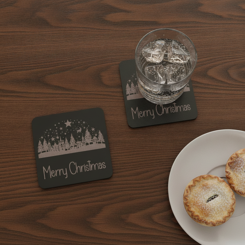 Exquisite Engraved Christmas Scene Coasters | Set of 4 Square Drink Coasters with Bumper Feet.