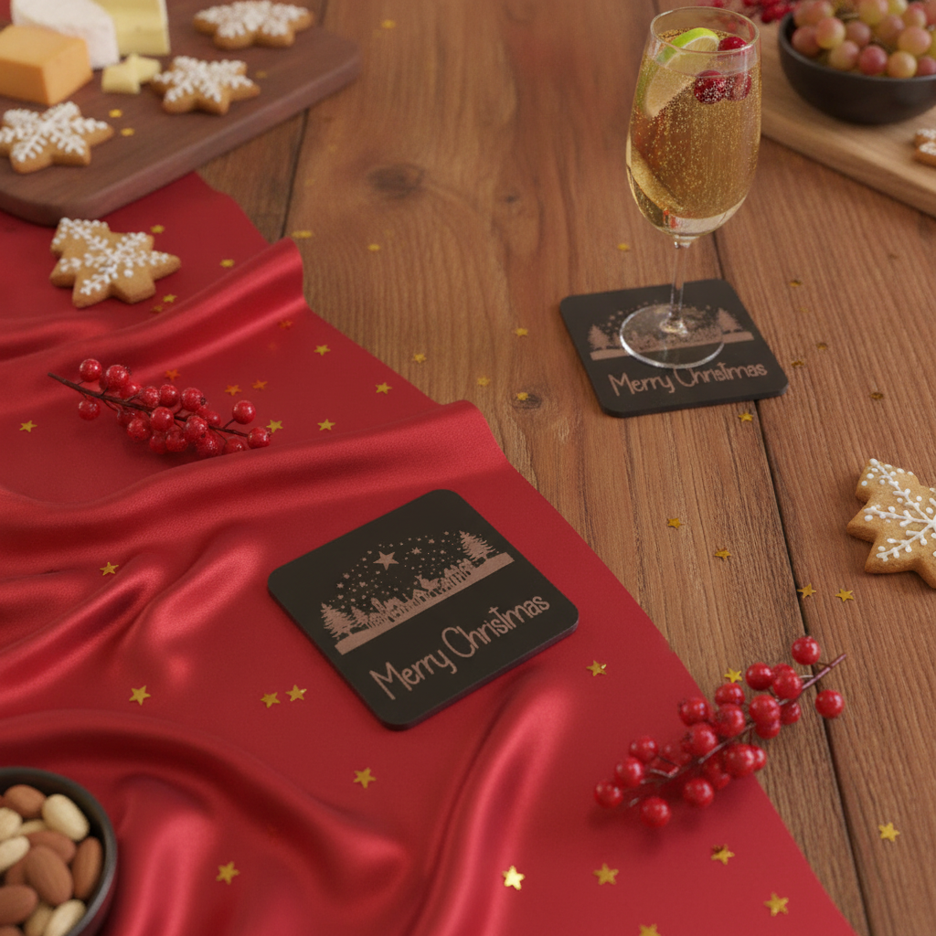 Exquisite Engraved Christmas Scene Coasters | Set of 4 Square Drink Coasters with Bumper Feet.