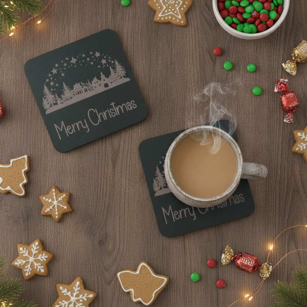 Exquisite Engraved Christmas Scene Coasters | Set of 4 Square Drink Coasters with Bumper Feet.